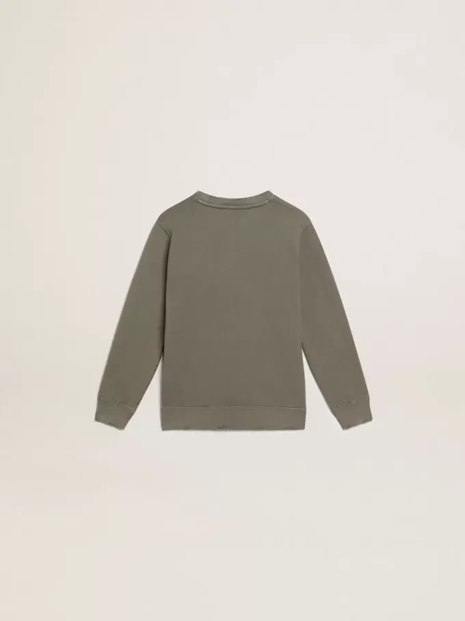 Sweatshirt in Distressed-Optik in Olivgrün mit goldenem Schriftzug auf der Vorderseite