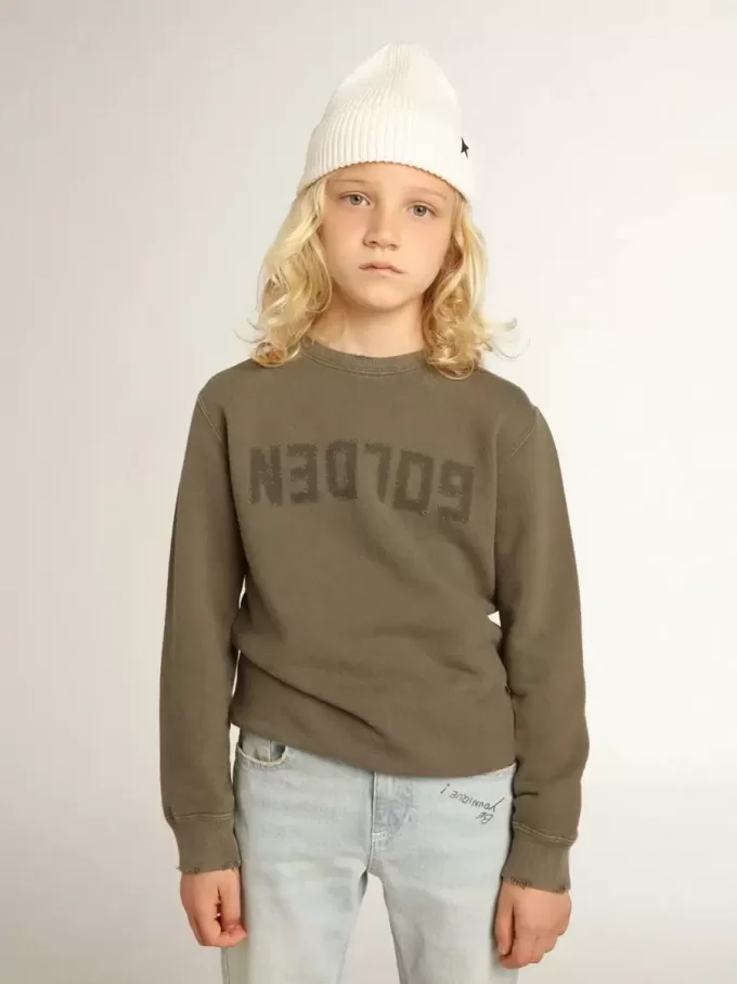 Sweatshirt in Distressed-Optik in Olivgrün mit goldenem Schriftzug auf der Vorderseite