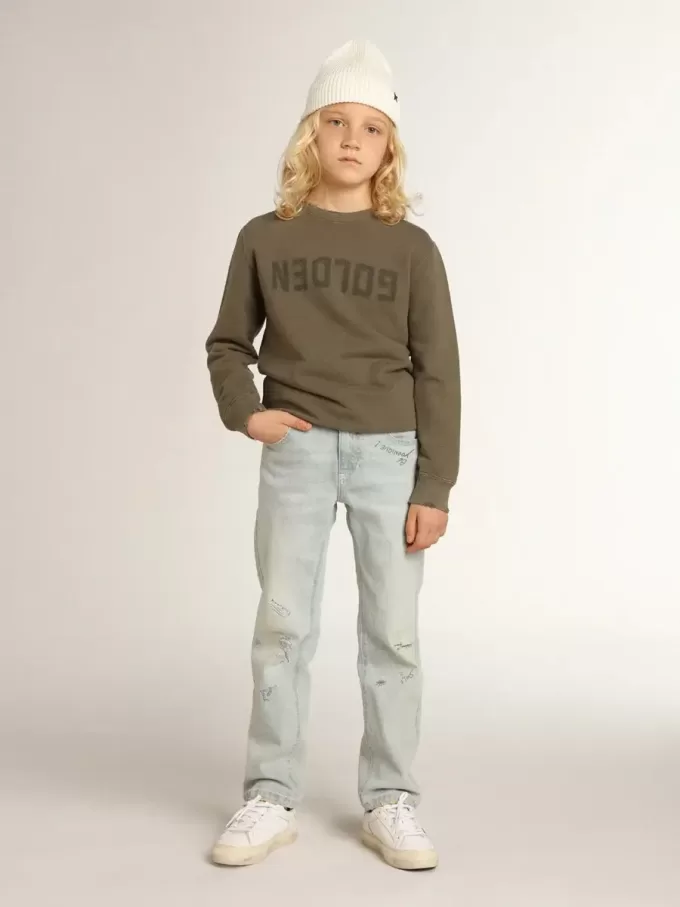 Sweatshirt in Distressed-Optik in Olivgrün mit goldenem Schriftzug auf der Vorderseite