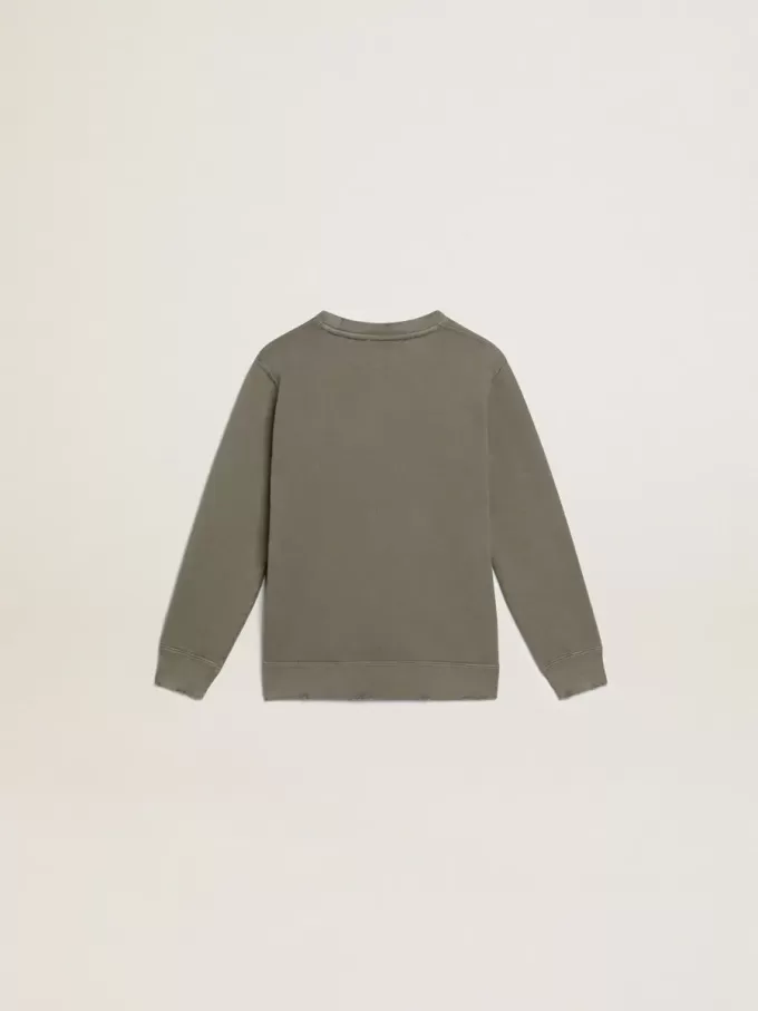 Sweatshirt in Distressed-Optik in Olivgrün mit goldenem Schriftzug auf der Vorderseite