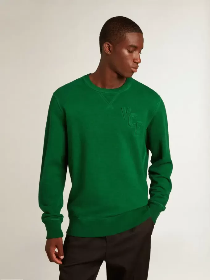 Sweatshirt mit Rundhalsausschnitt aus grünem Baumwollfleece Sweatshirt mit Rundhalsausschnitt aus grünem Baumwollfleece
