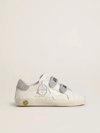 Teen Old School aus weißem Leder mit silberner Swarovski-Kristall-Fersenkappe und Riemen