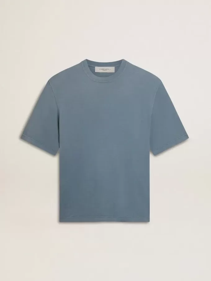 Unisex-Baumwoll-T-Shirt in Babyblau mit Reverse-Print auf der Rückseite Unisex-Baumwoll-T-Shirt in Babyblau mit Reverse-Print auf der Rückseite