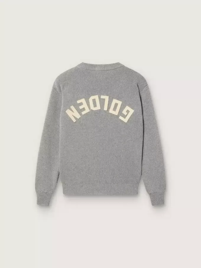 Unisex-Pullover für Kinder in grau meliertem Rippstrick mit Logo auf der Rückseite
