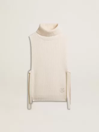 Unisex-Pullover mit hohem Kragen und ohne Ärmel aus gerippter Wolle in Weiß
