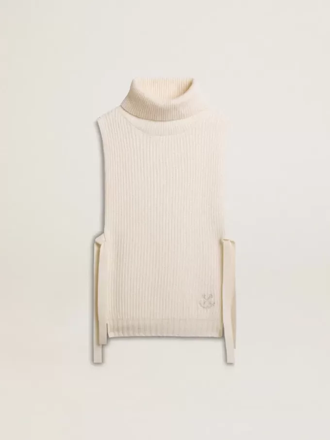 Unisex-Pullover mit hohem Kragen und ohne Ärmel aus gerippter Wolle in Weiß