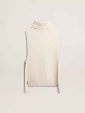Unisex-Pullover mit hohem Kragen und ohne Ärmel aus gerippter Wolle in Weiß