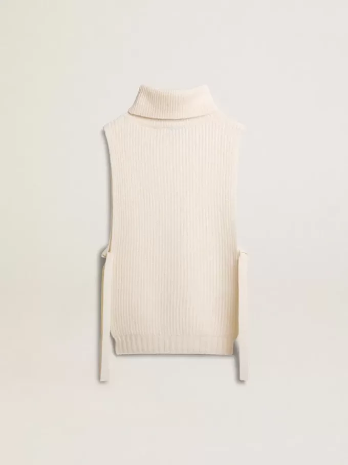 Unisex-Pullover mit hohem Kragen und ohne Ärmel aus gerippter Wolle in Weiß