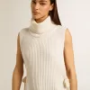 Unisex-Pullover mit hohem Kragen und ohne Ärmel aus gerippter Wolle in Weiß