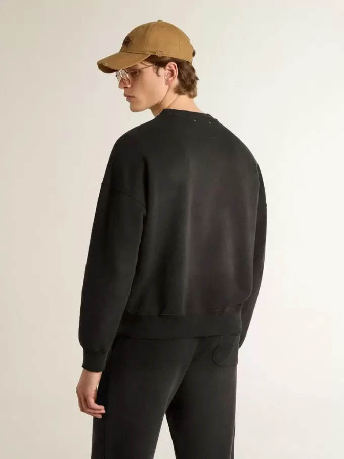 Unisex-Sweatshirt aus abgenutzter schwarzer Baumwolle mit Logo-Stickerei