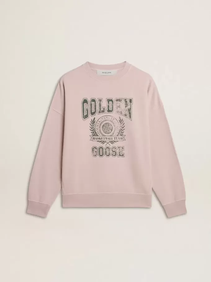 Unisex-Sweatshirt in Altrosa mit Rundhalsausschnitt und grünem Logo-Print