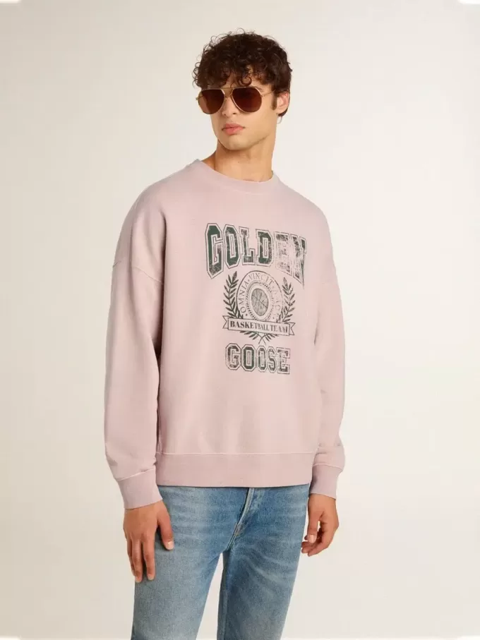 Unisex-Sweatshirt in Altrosa mit Rundhalsausschnitt und grünem Logo-Print