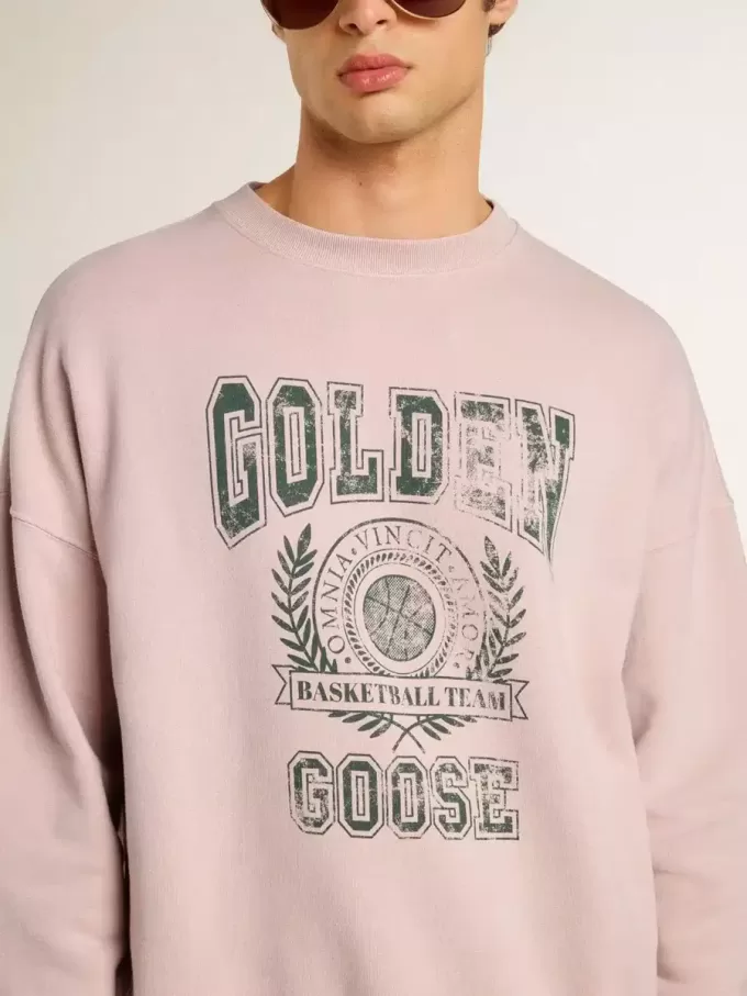 Unisex-Sweatshirt in Altrosa mit Rundhalsausschnitt und grünem Logo-Print