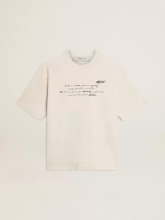 Unisex-T-Shirt in Used-Weiß mit aufgedrucktem Schriftzug