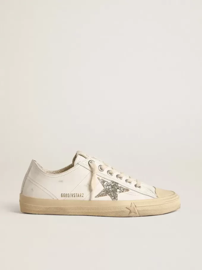 V-Star aus weißem Leder mit platinfarbenem Glitzerstern