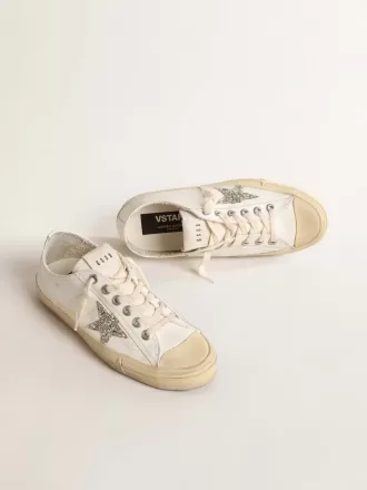 V-Star aus weißem Leder mit platinfarbenem Glitzerstern