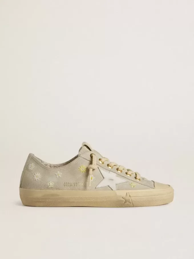 V-Star für Damen aus eisgrauem Wildleder mit weißem Lederstern und Blumenstickerei