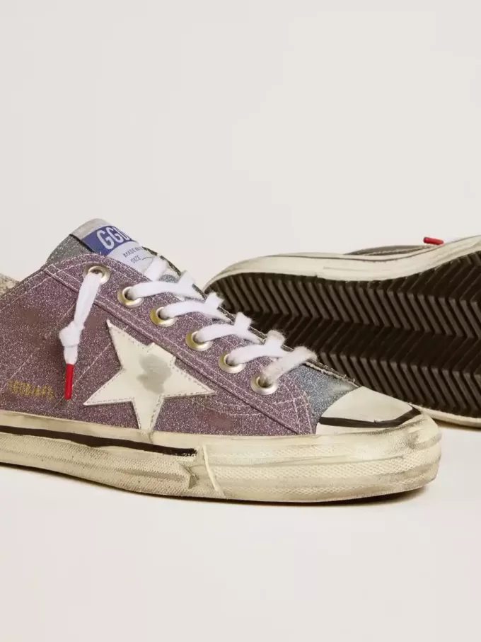 V-Star LAB für Damen aus lila Leder und Glitzer mit weißem Stern und silberner Glitzerzunge
