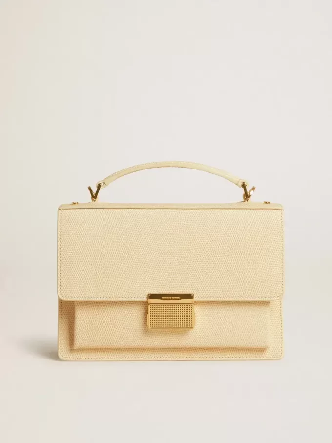 Venezia Tasche aus beigem Leder mit Python-Print und goldenen Details Venezia Tasche aus beigem Leder mit Python-Print und goldenen Details