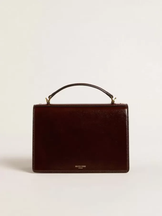 Venezia Tasche aus dunkelbraunem laminiertem Leder mit goldenen Details