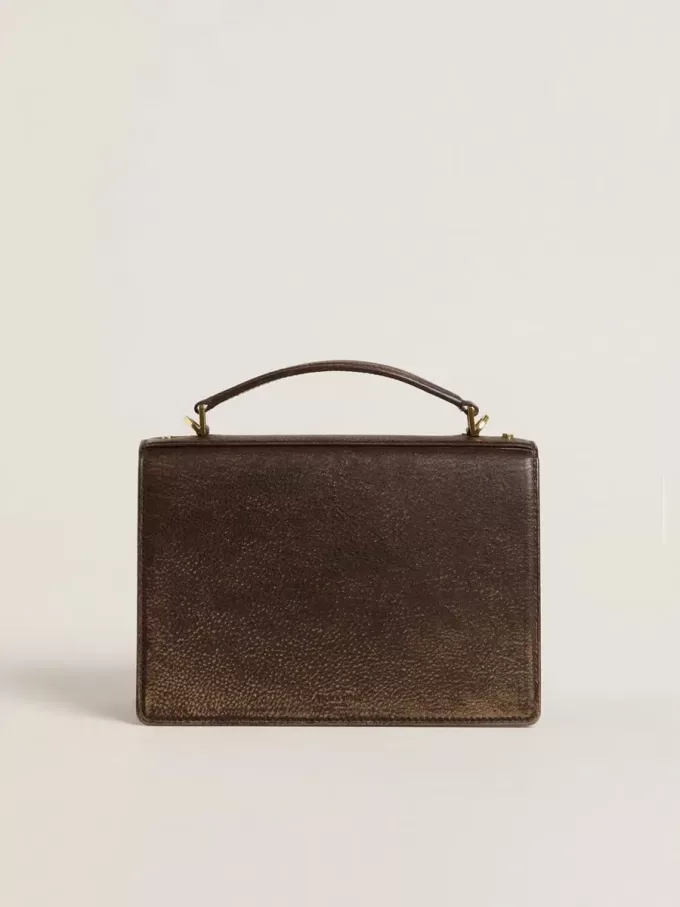 Venezia Tasche aus dunkelbraunem Vintage-Prägeleder mit goldenen Details
