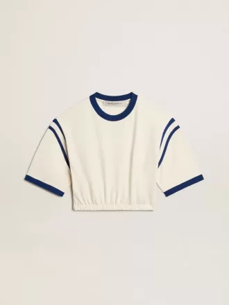 Verkürztes T-Shirt aus weißer Baumwolle mit Schriftzug auf der Rückseite
