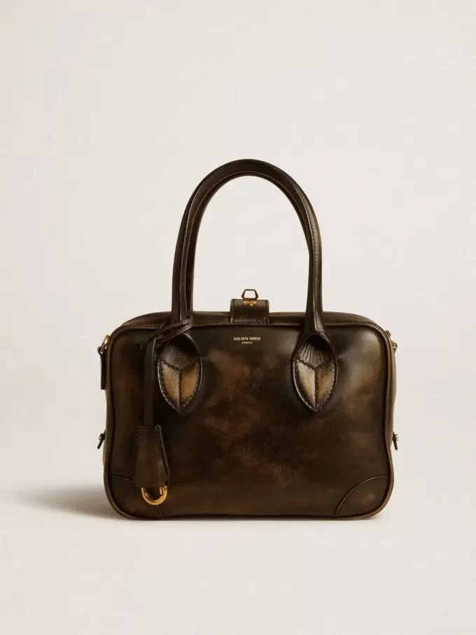Vita Bag aus schwarzem Distressed-Leder mit goldenen Details