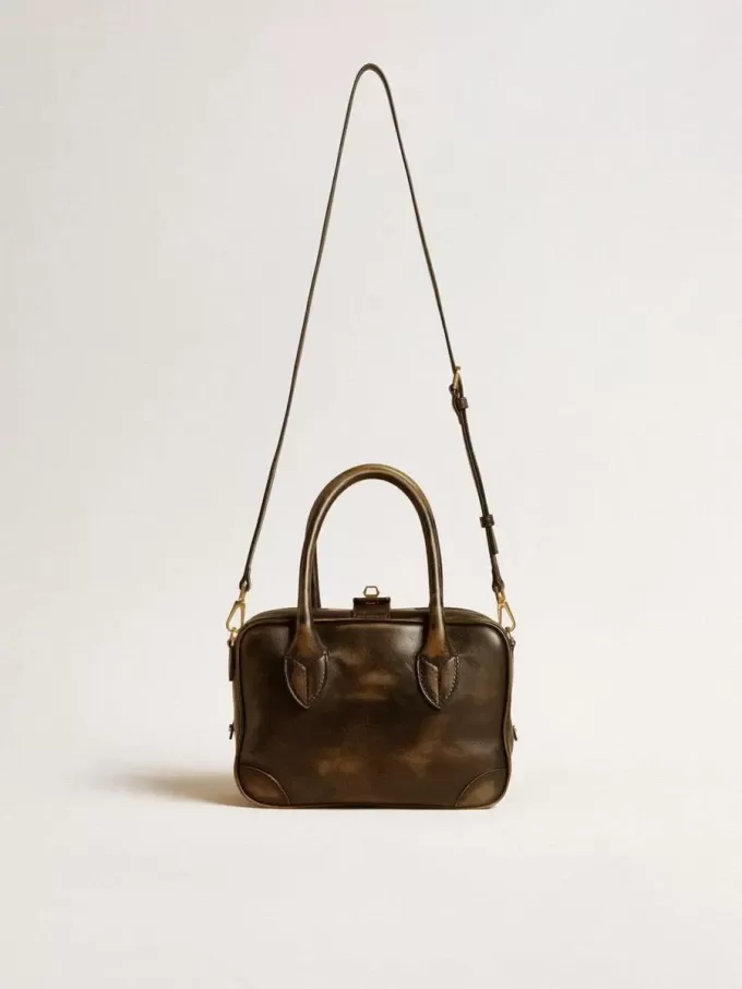 Vita Bag aus schwarzem Distressed-Leder mit goldenen Details