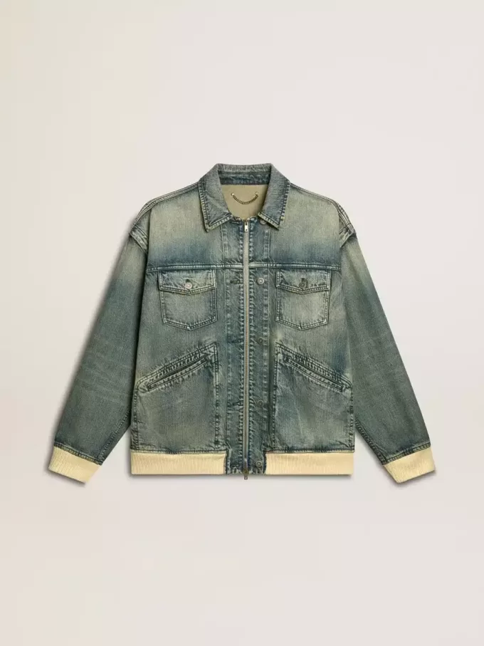 Waschene Denimjacke für Herren mit Rippstrick aus Wollmischung