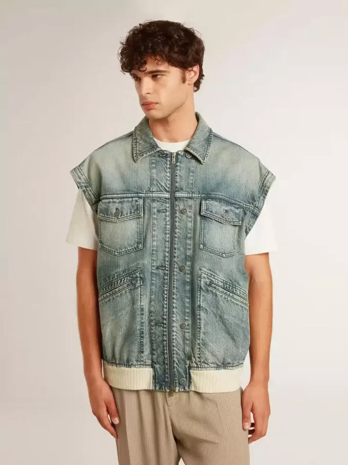 Waschene Denimjacke für Herren mit Rippstrick aus Wollmischung
