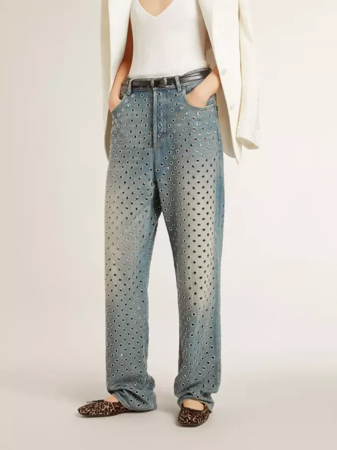 Washed-Jeans für Damen mit durchgehenden Ösen