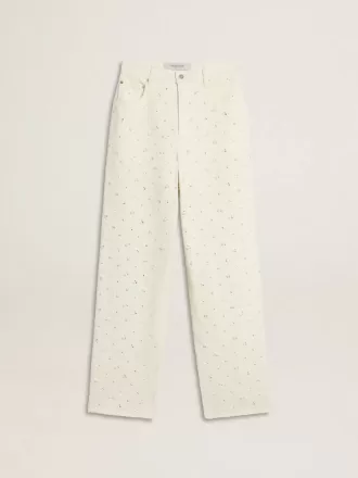Weiße Jeanshose für Damen mit Perlenstickerei und Kristallen