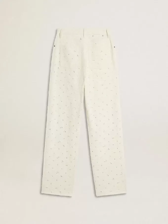 Weiße Jeanshose für Damen mit Perlenstickerei und Kristallen