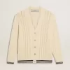 Weißer Baumwollcardigan für Herren mit Zopfmuster und blauen Rippbündchen Weißer Baumwollcardigan für Herren mit Zopfmuster und blauen Rippbündchen
