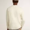 Weißer Baumwollcardigan für Herren mit Zopfmuster und blauen Rippbündchen Weißer Baumwollcardigan für Herren mit Zopfmuster und blauen Rippbündchen