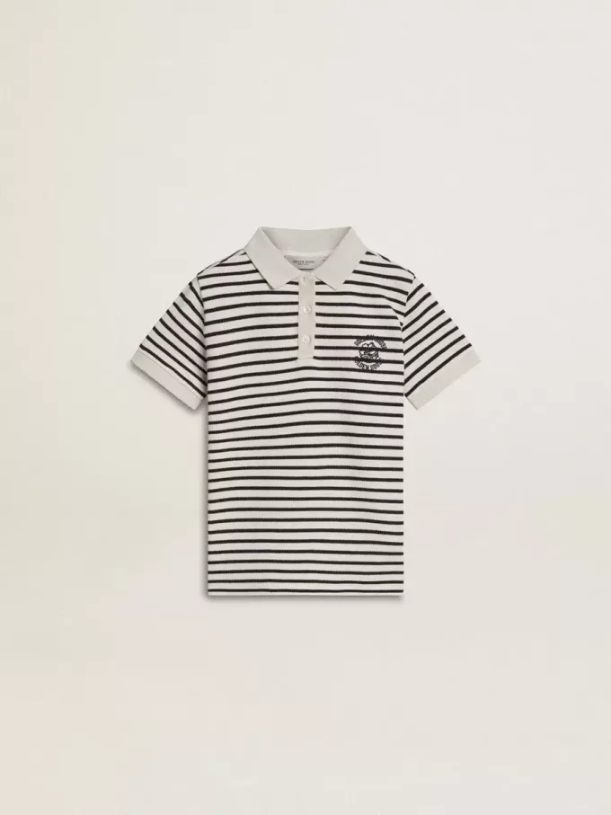 Weißes Baumwoll-Polohemd für Jungen mit marineblauen Streifen und Stickerei