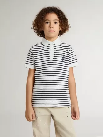Weißes Baumwoll-Polohemd für Jungen mit marineblauen Streifen und Stickerei