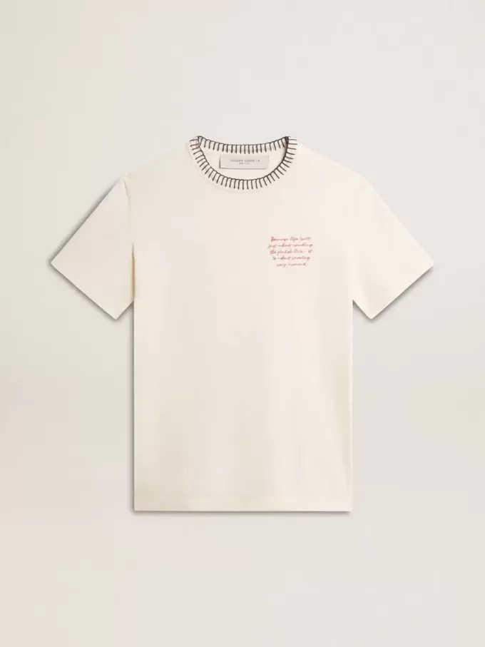 Weißes Baumwoll-T-Shirt für Damen mit Handstickerei