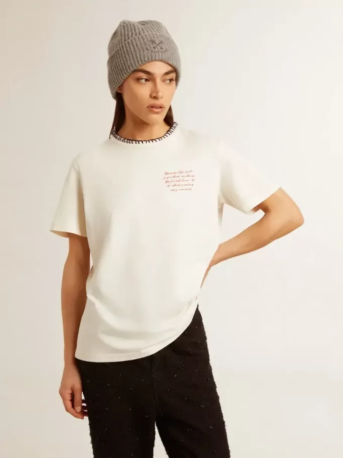 Weißes Baumwoll-T-Shirt für Damen mit Handstickerei