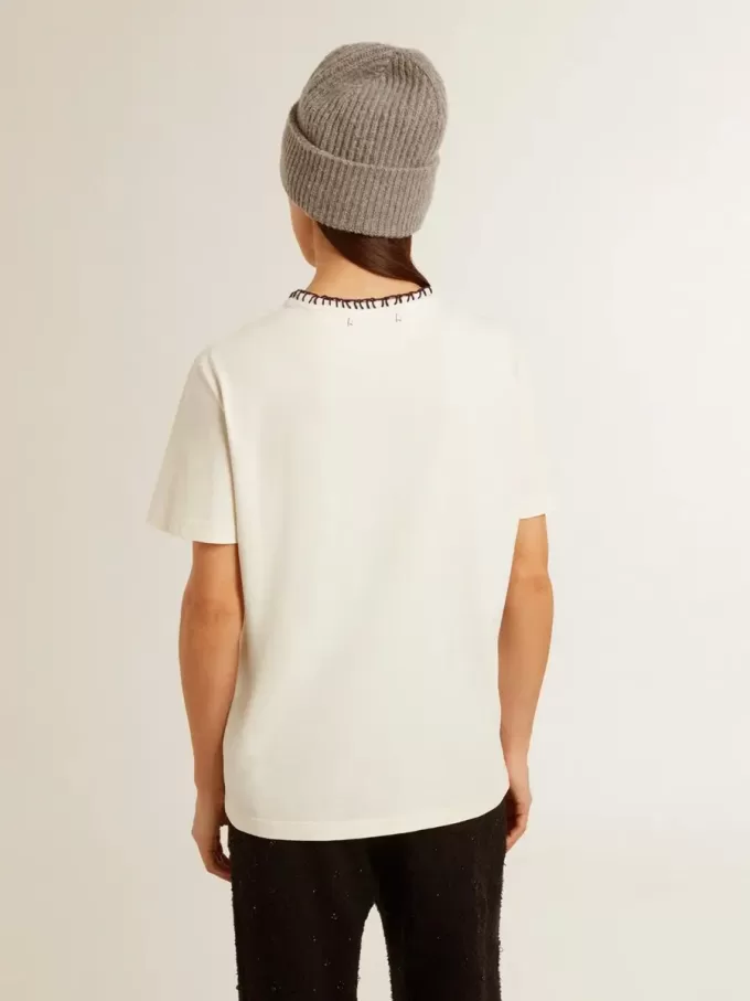 Weißes Baumwoll-T-Shirt für Damen mit Handstickerei
