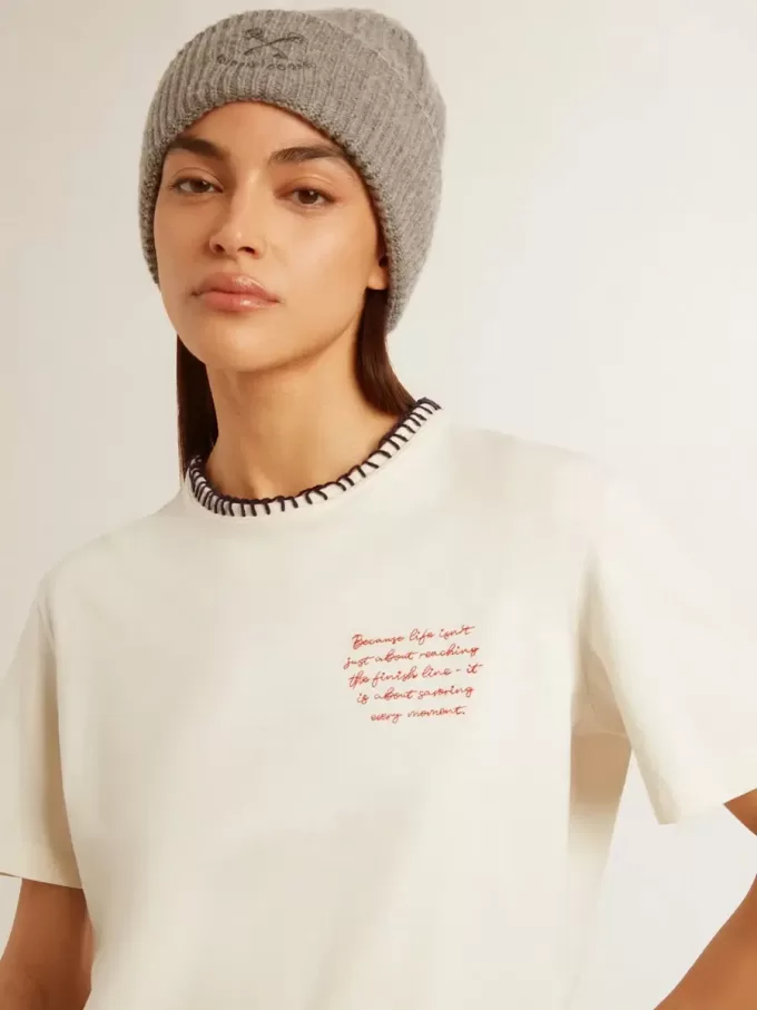 Weißes Baumwoll-T-Shirt für Damen mit Handstickerei