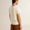 Weißes Baumwoll-T-Shirt für Damen mit Print und Stickerei