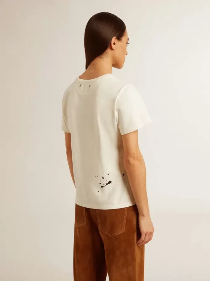 Weißes Baumwoll-T-Shirt für Damen mit Print und Stickerei