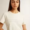 Weißes Baumwoll-T-Shirt für Damen mit Print und Stickerei