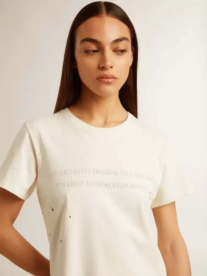 Weißes Baumwoll-T-Shirt für Damen mit Print und Stickerei