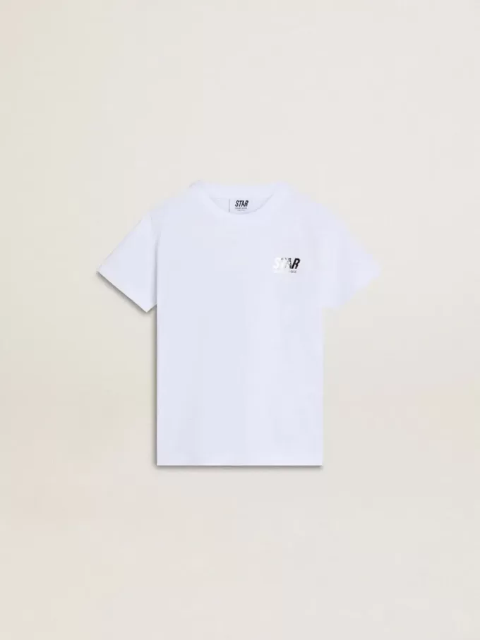 Weißes Baumwoll-T-Shirt für Kinder mit silbernem Aufdruck Weißes Baumwoll-T-Shirt für Kinder mit silbernem Aufdruck