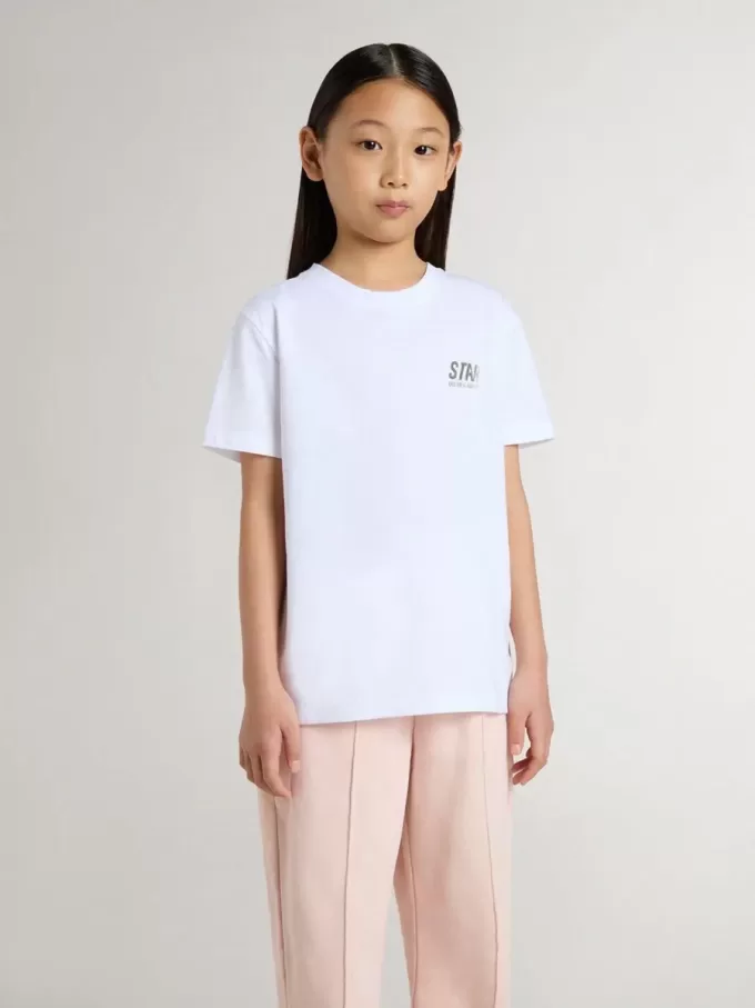 Weißes Baumwoll-T-Shirt für Kinder mit silbernem Aufdruck Weißes Baumwoll-T-Shirt für Kinder mit silbernem Aufdruck