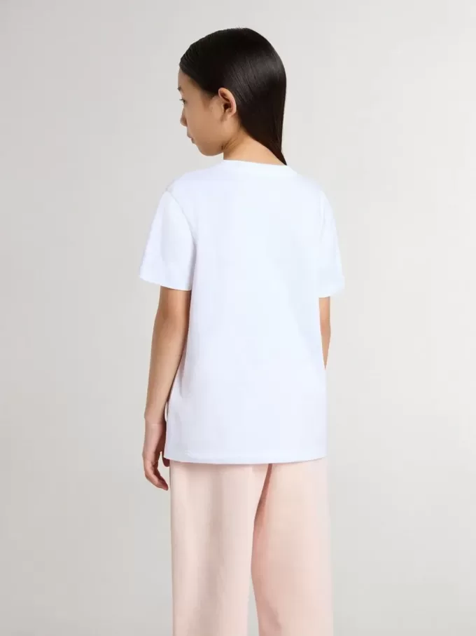 Weißes Baumwoll-T-Shirt für Kinder mit silbernem Aufdruck Weißes Baumwoll-T-Shirt für Kinder mit silbernem Aufdruck