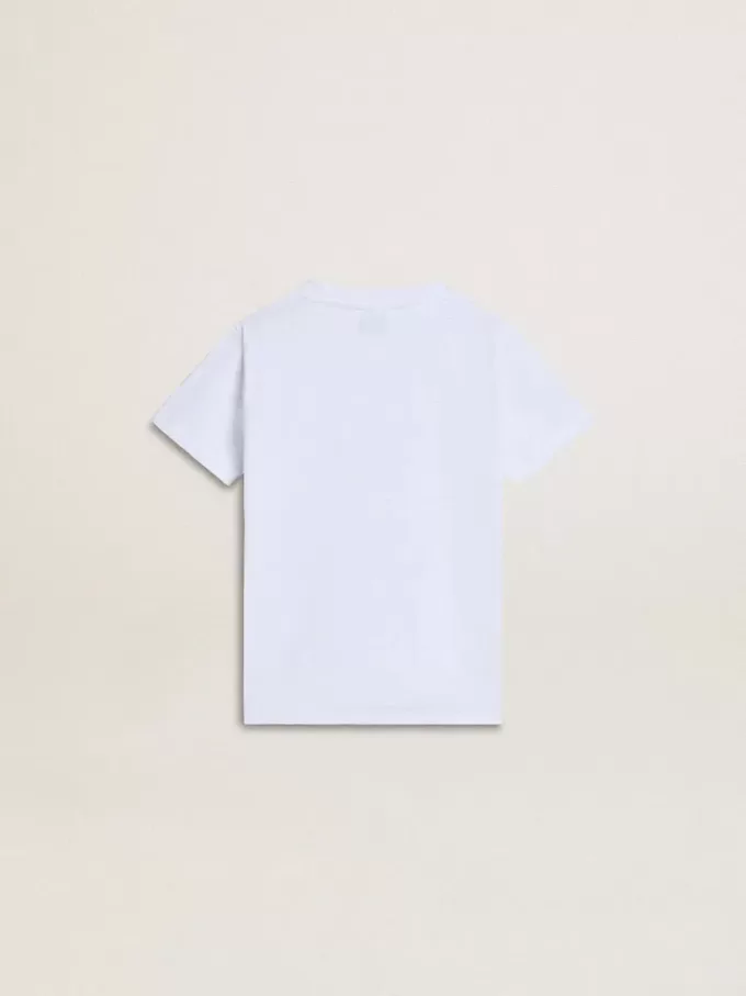 Weißes Baumwoll-T-Shirt für Kinder mit silbernem Aufdruck Weißes Baumwoll-T-Shirt für Kinder mit silbernem Aufdruck