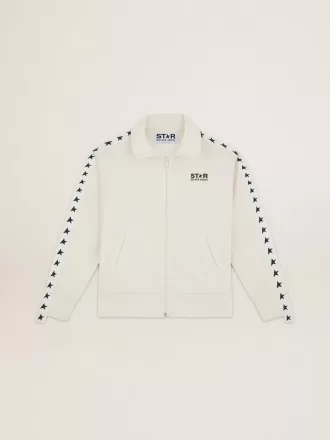Weißes Damen-Sweatshirt mit Reißverschluss, weißem Streifen und schwarzen Sternen